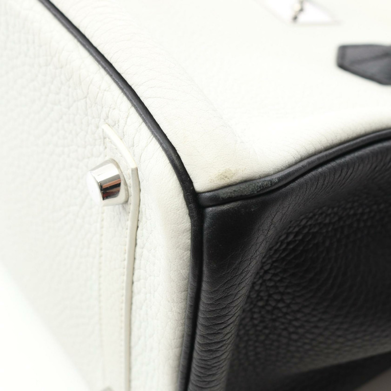 HERMES Birkin 30 手提包 Clemence 皮革 黑色 白色 二手 女款 D SHW-8