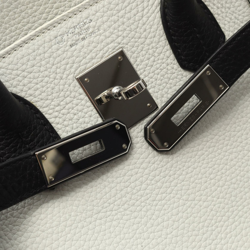 HERMES Birkin 30 手提包 Clemence 皮革 黑色 白色 二手 女款 D SHW-9