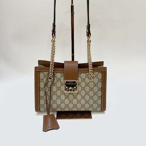 Gucci PVC咖牛皮金方釦Padlock中號肩背包