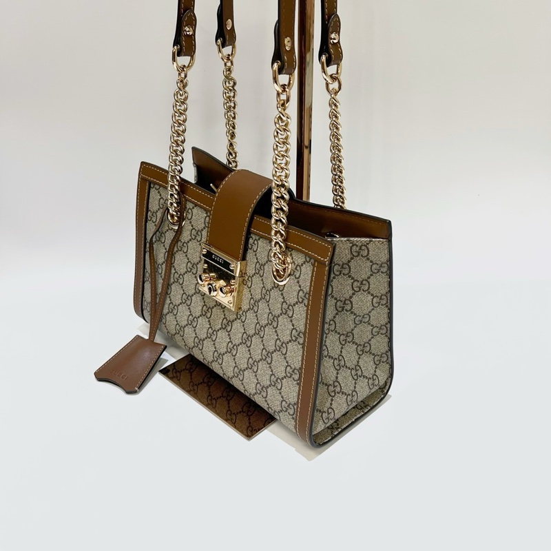 Gucci PVC咖牛皮金方釦Padlock中號肩背包-3