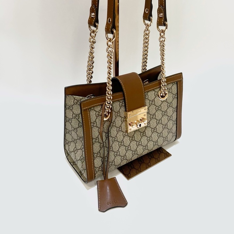 Gucci PVC咖牛皮金方釦Padlock中號肩背包-4