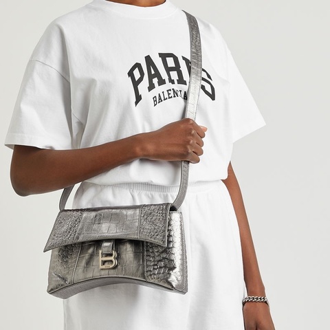 Balenciaga Downtown XS 銀色鱷魚紋單肩包