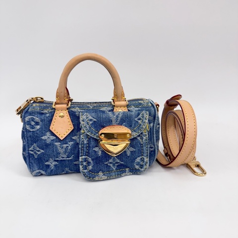 LV Nano Speedy 丹寧金釦手提斜背 晶片款