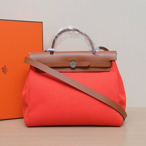 HERMES Herbag31G0原野橙帆布/Hunter牛皮W刻銀扣原野橙/淺黃褐色肩背包