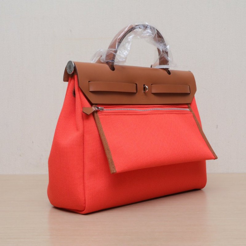 HERMES Herbag31G0原野橙帆布/Hunter牛皮W刻銀扣原野橙/淺黃褐色肩背包-1