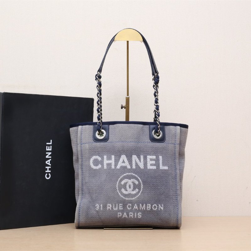 CHANEL 沙灘包購物包小號藍色帆布16開銀扣肩背包-0