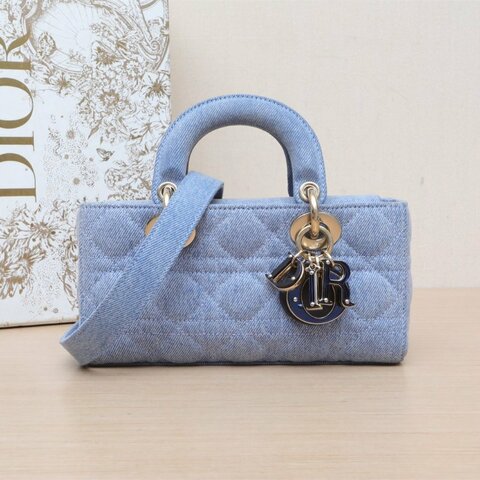 DIOR LadyD-Joy橫版戴妃包小號22牛仔藍牛仔布淺金扣2023肩背包