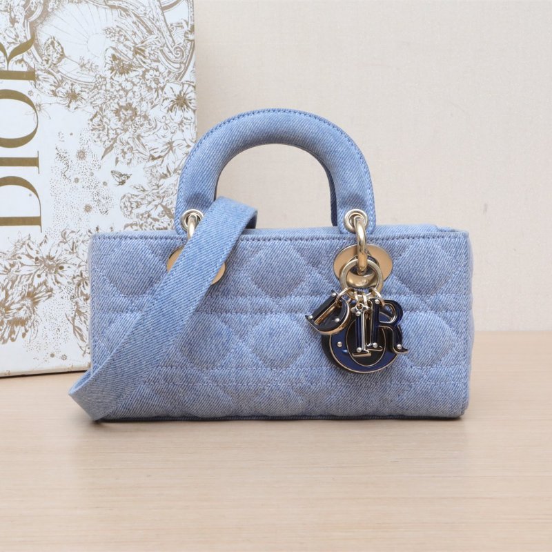 DIOR LadyD-Joy橫版戴妃包小號22牛仔藍牛仔布淺金扣2023肩背包-0