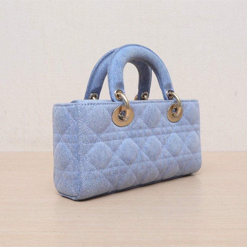 DIOR LadyD-Joy橫版戴妃包小號22牛仔藍牛仔布淺金扣2023肩背包-1