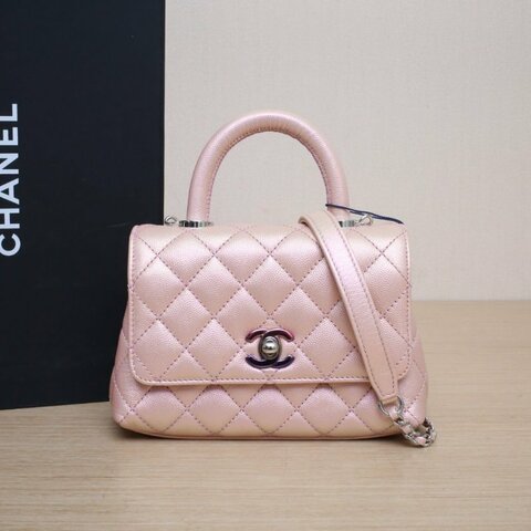 CHANEL CocoHandleMini19人魚姬色荔枝牛皮晶片開幻彩扣肩背包