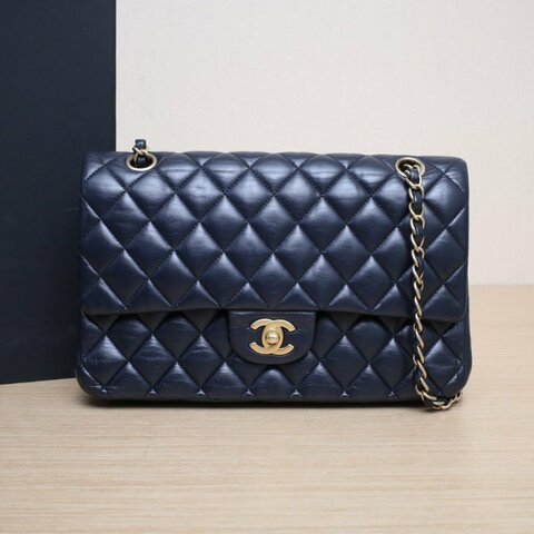 CHANEL CF口蓋包中號25.5藍色羊皮20開金扣肩背包