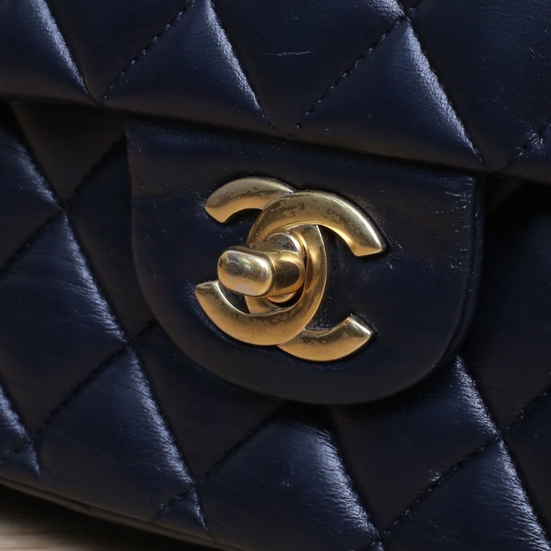 CHANEL CF口蓋包中號25.5藍色羊皮20開金扣肩背包-2