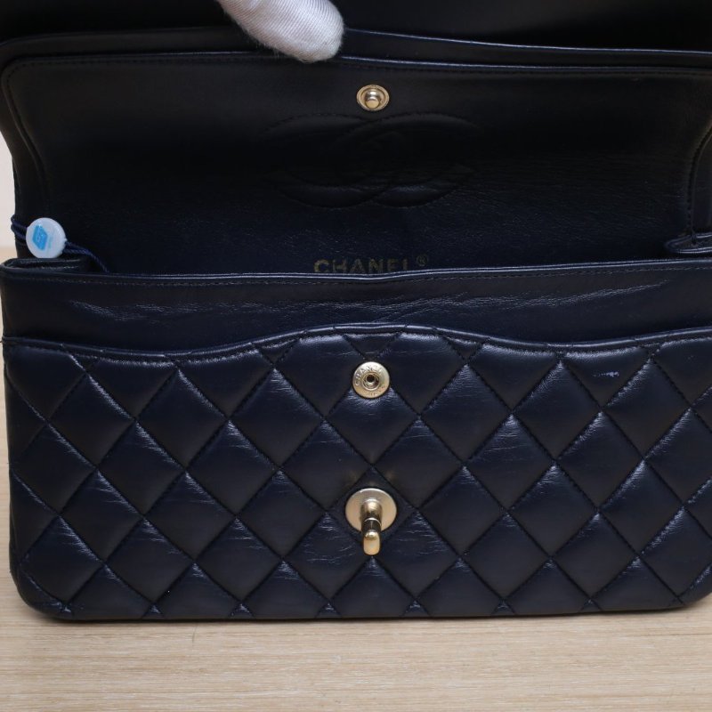 CHANEL CF口蓋包中號25.5藍色羊皮20開金扣肩背包-5