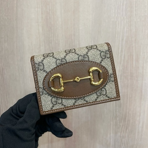 Gucci咖PVC咖牛皮金馬銜釦1955對釦式5卡mini短夾