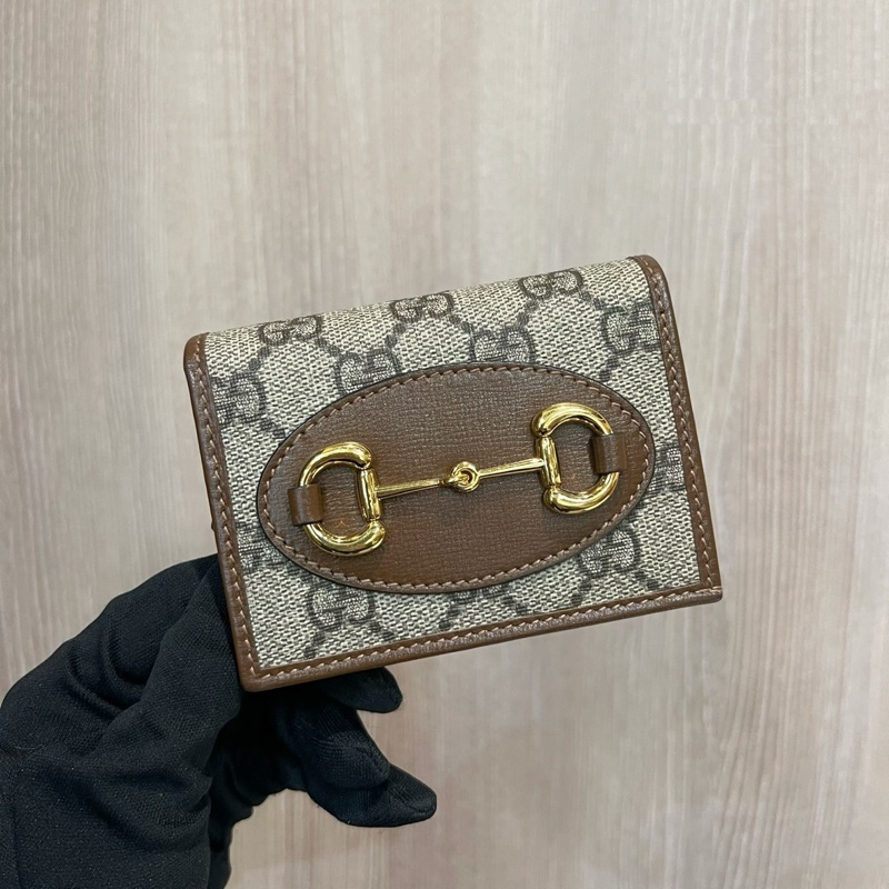 Gucci咖PVC咖牛皮金馬銜釦1955對釦式5卡mini短夾-0