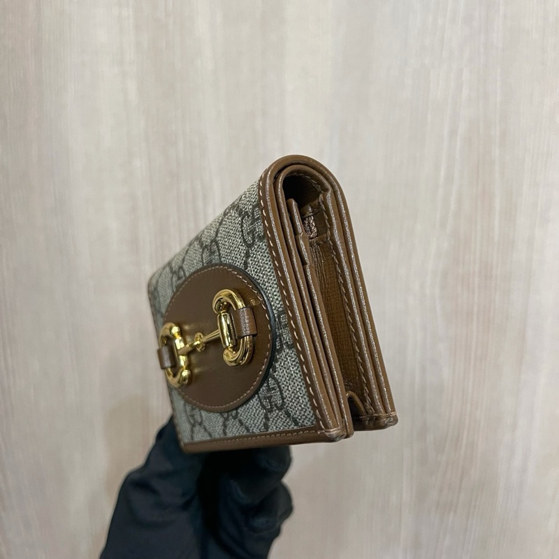 Gucci咖PVC咖牛皮金馬銜釦1955對釦式5卡mini短夾-5