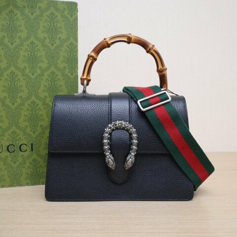 GUCCI Dionysus酒神竹節手柄中號27黑色牛皮鑽扣肩背包