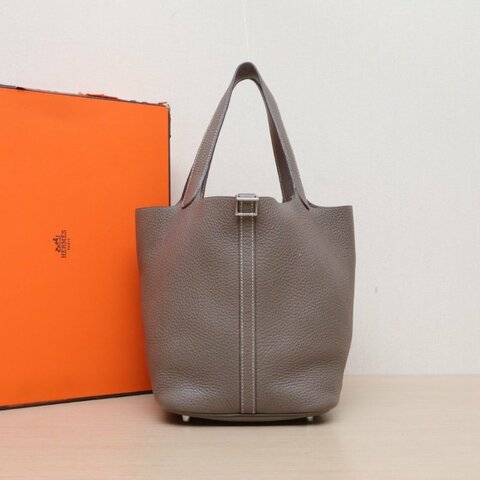 HERMES Picotin菜籃子2218大象灰TC皮D刻銀扣肩背包