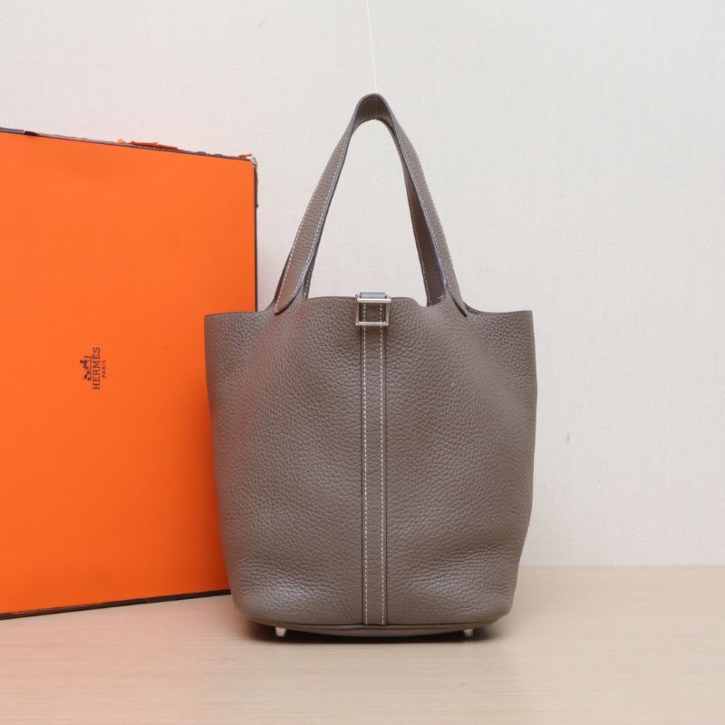 HERMES Picotin菜籃子2218大象灰TC皮D刻銀扣肩背包-0