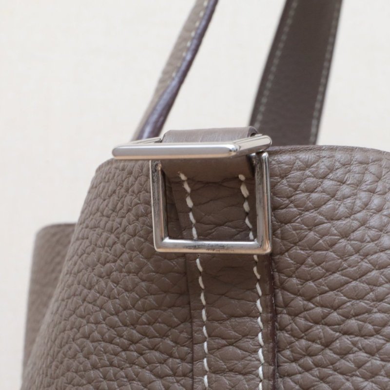 HERMES Picotin菜籃子2218大象灰TC皮D刻銀扣肩背包-4