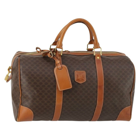 CELINE Macadam 帆布波士頓包 PVC 皮革棕金色正品 135340