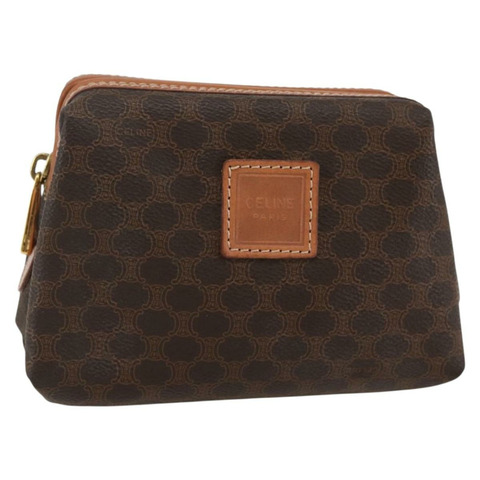 CELINE Macadam 帆布手拿包 PVC 皮革 棕金色 正品 144934