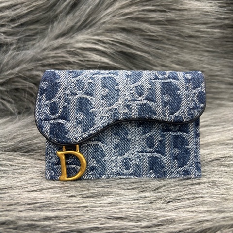 DIOR S5611 藍緹花 金釦SADDLE BLOOM 卡夾 零錢包