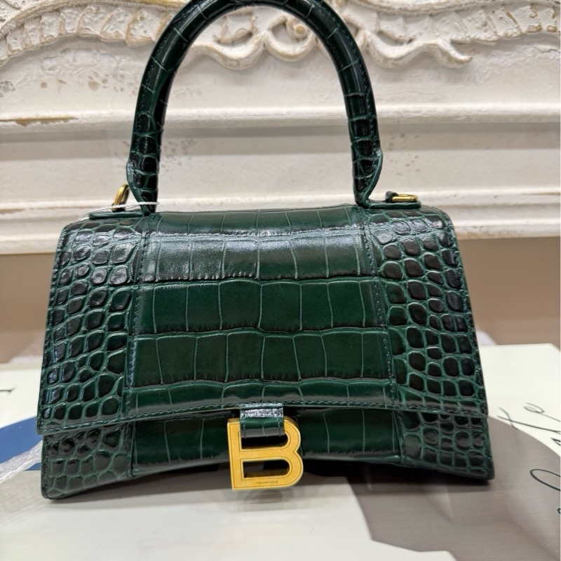 巴黎世家 深绿色闪亮鳄鱼纹压纹牛皮革小号沙漏包-0