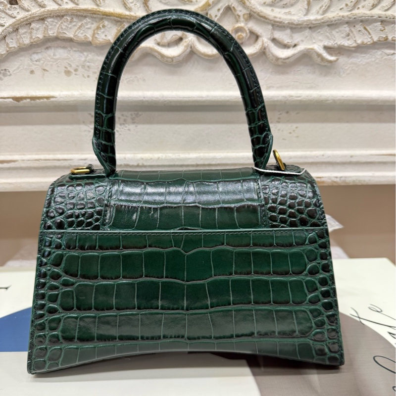 巴黎世家 深绿色闪亮鳄鱼纹压纹牛皮革小号沙漏包-1