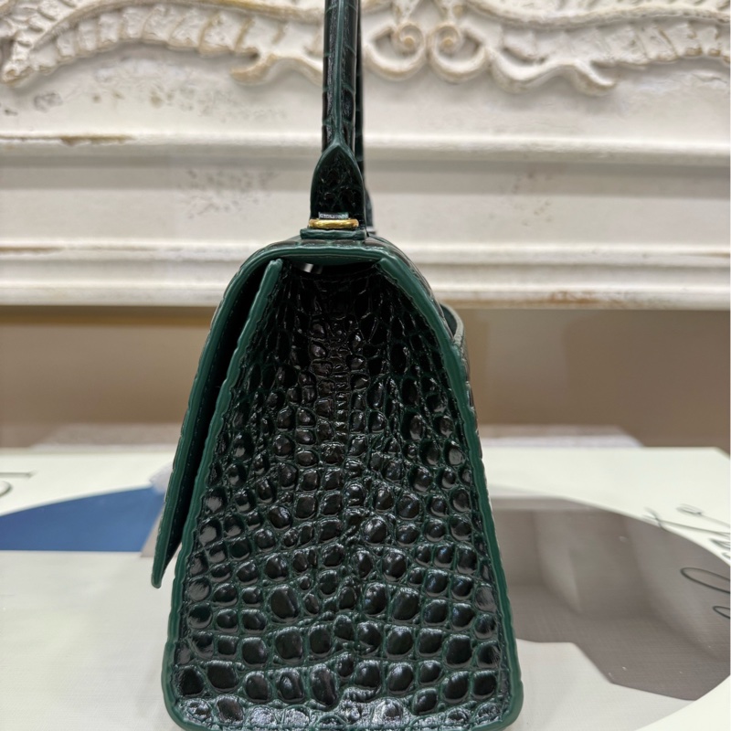 巴黎世家 深绿色闪亮鳄鱼纹压纹牛皮革小号沙漏包-3