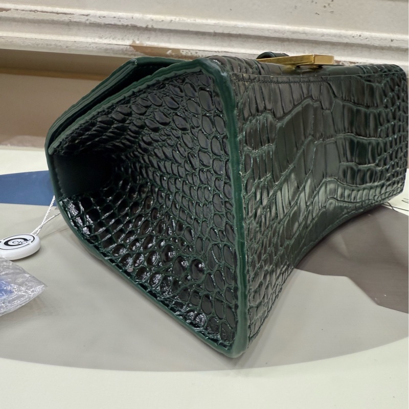 巴黎世家 深绿色闪亮鳄鱼纹压纹牛皮革小号沙漏包-4