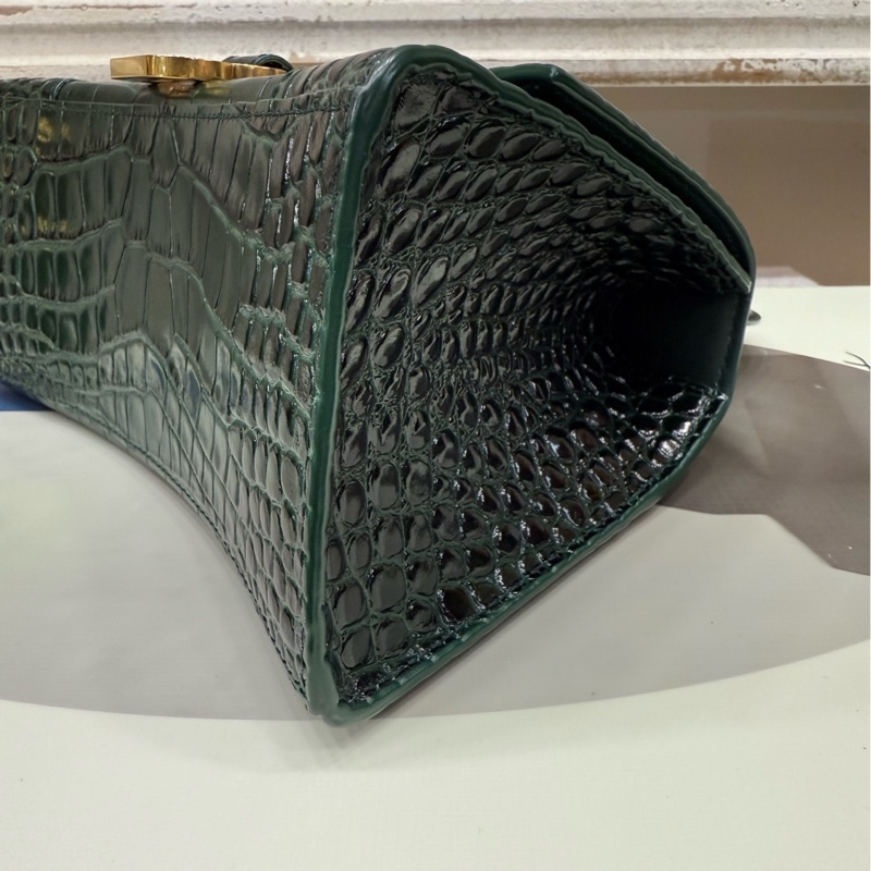 巴黎世家 深绿色闪亮鳄鱼纹压纹牛皮革小号沙漏包-5