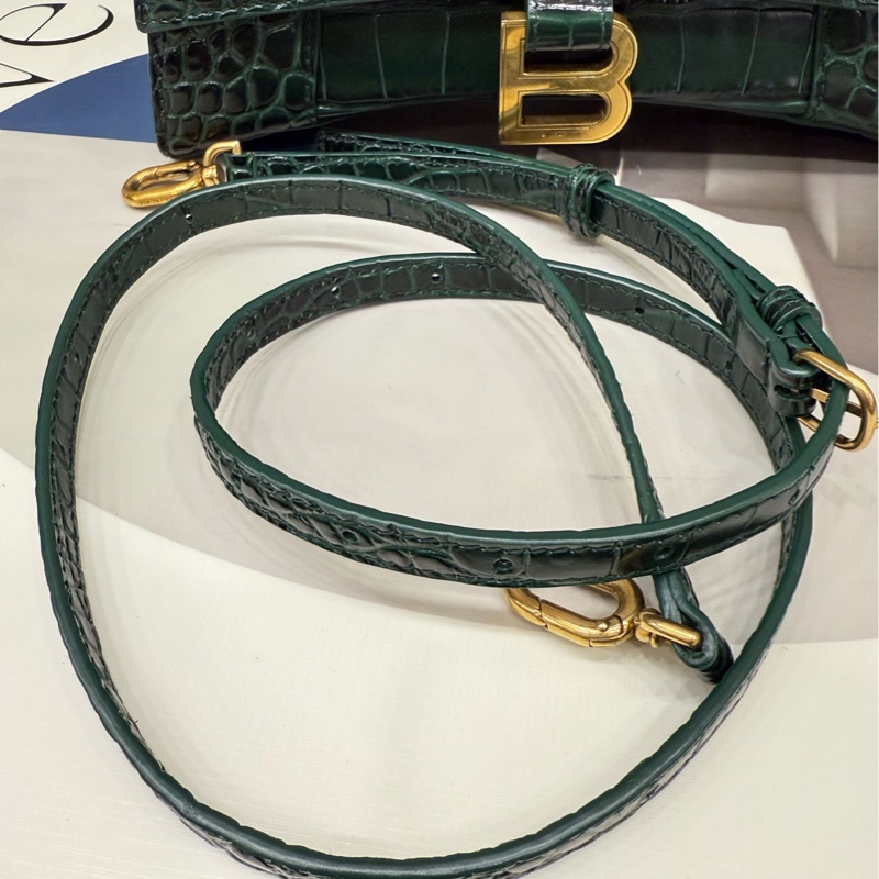 巴黎世家 深绿色闪亮鳄鱼纹压纹牛皮革小号沙漏包-9