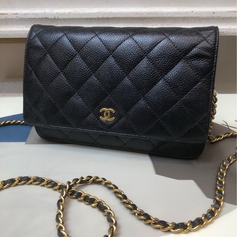 Chanel牛皮荔枝纹 黑金woc
