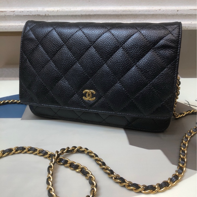 Chanel牛皮荔枝纹 黑金woc-0