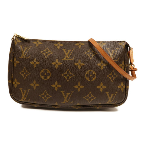 LOUIS VUITTON Monogram Pochette Accessoires金扣手挽袋棕色