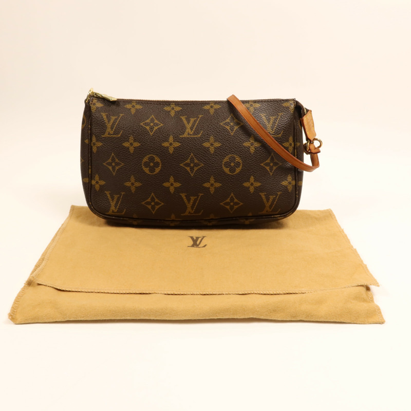 LOUIS VUITTON Monogram Pochette Accessoires金扣手挽袋棕色-7