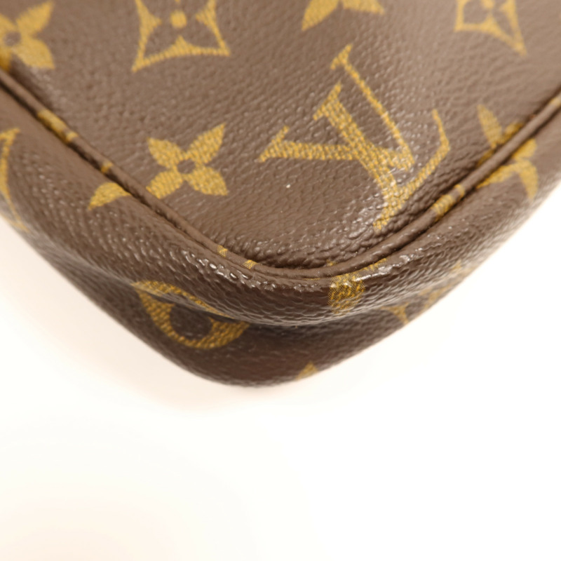 LOUIS VUITTON Monogram Pochette Accessoires金扣手挽袋棕色-11