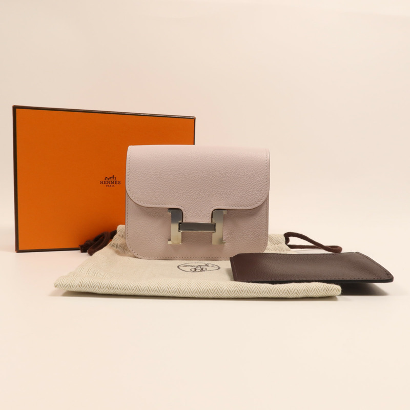 HERMES Evercolor皮革Constance Silm銀扣手拿包Rose Dragee-7