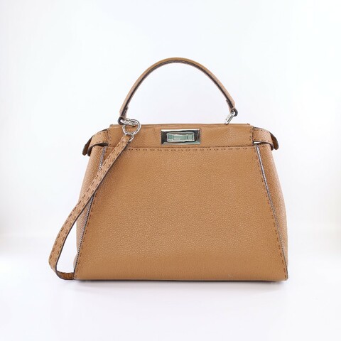 FENDI Peekaboo焦糖色銀扣中外縫線手提包 肩背包