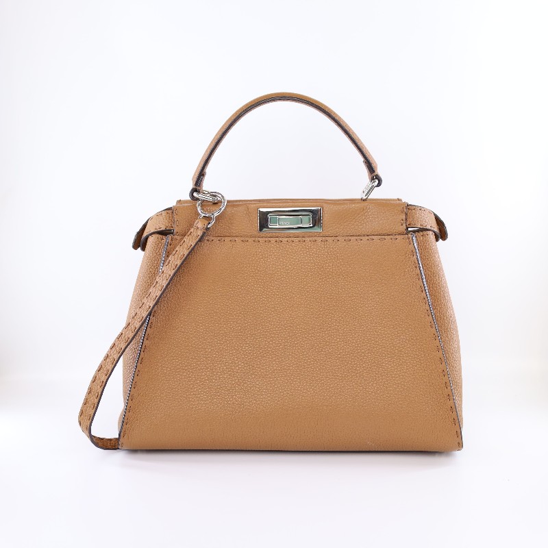 FENDI Peekaboo焦糖色銀扣中外縫線手提包 肩背包-0