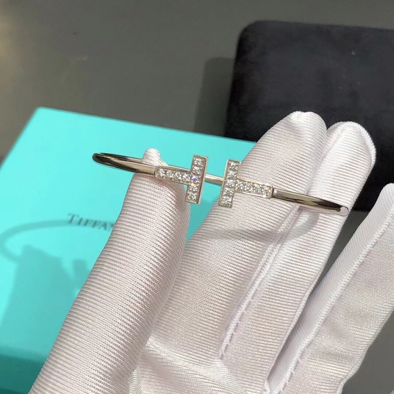 Tiffany T型白金鑲鑽手鐲s碼-0