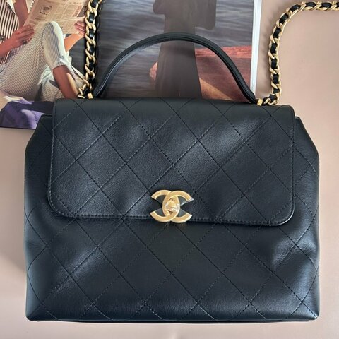::CHANEL:: 黑色皮革大款雙C口蓋包手提包 肩背包 鏈包 Maxi flap bag with top handle