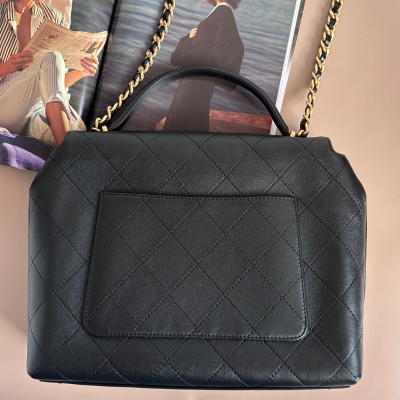 ::CHANEL:: 黑色皮革大款雙C口蓋包手提包 肩背包 鏈包 Maxi flap bag with top handle-1