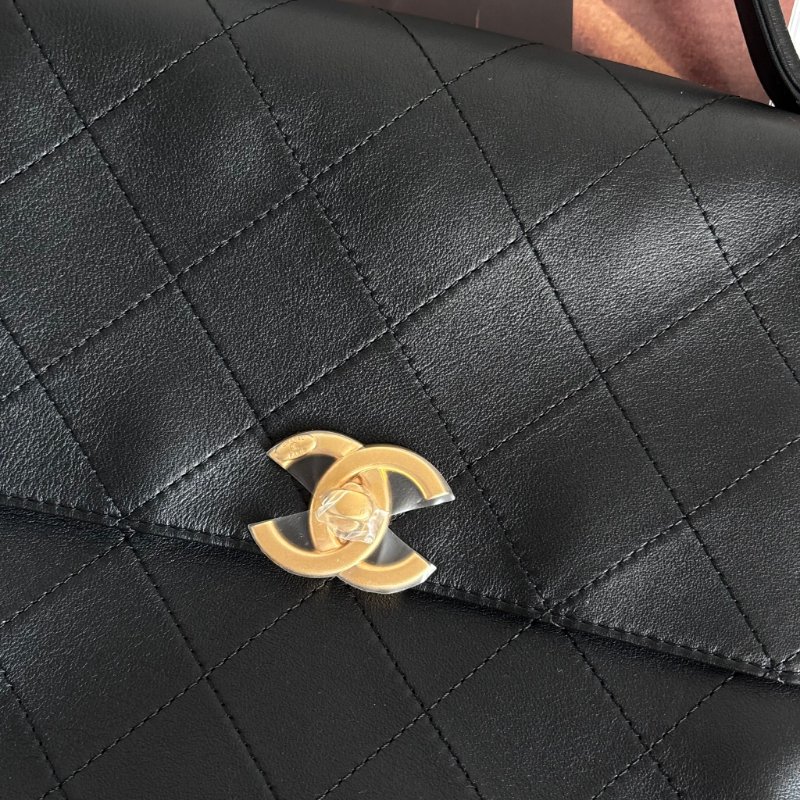 ::CHANEL:: 黑色皮革大款雙C口蓋包手提包 肩背包 鏈包 Maxi flap bag with top handle-2