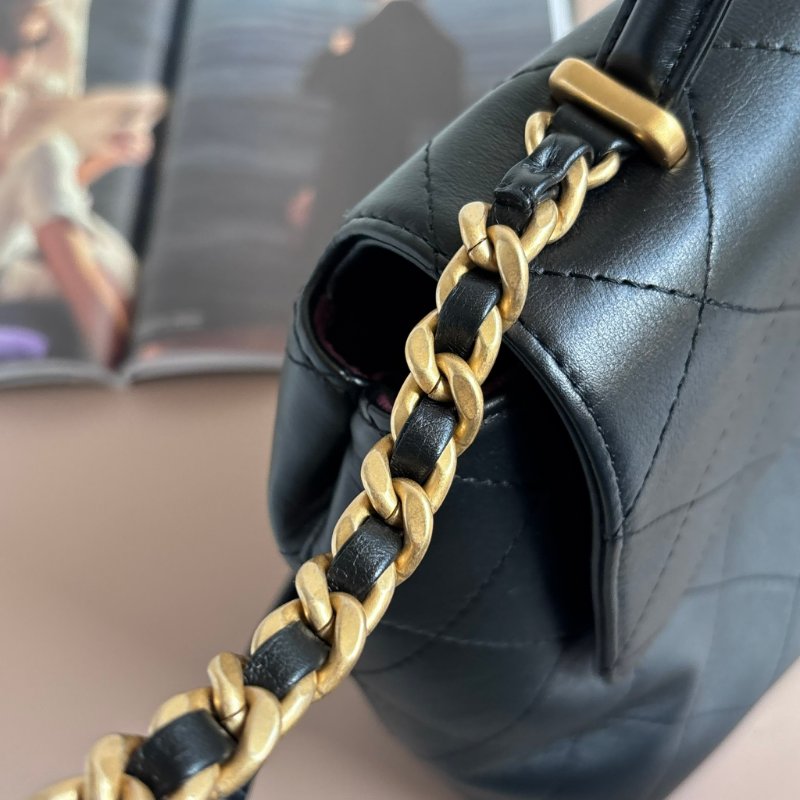 ::CHANEL:: 黑色皮革大款雙C口蓋包手提包 肩背包 鏈包 Maxi flap bag with top handle-18