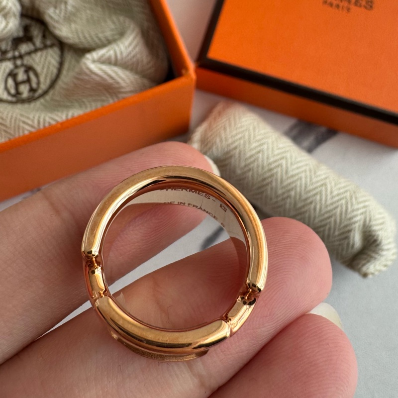 Hermes大象灰皮革玫瑰金雙H戒指💍-4