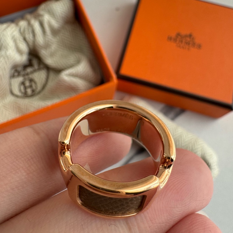 Hermes大象灰皮革玫瑰金雙H戒指💍-5