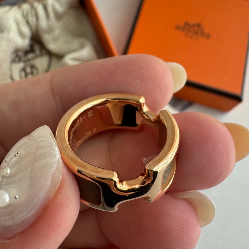 Hermes大象灰皮革玫瑰金雙H戒指💍-6