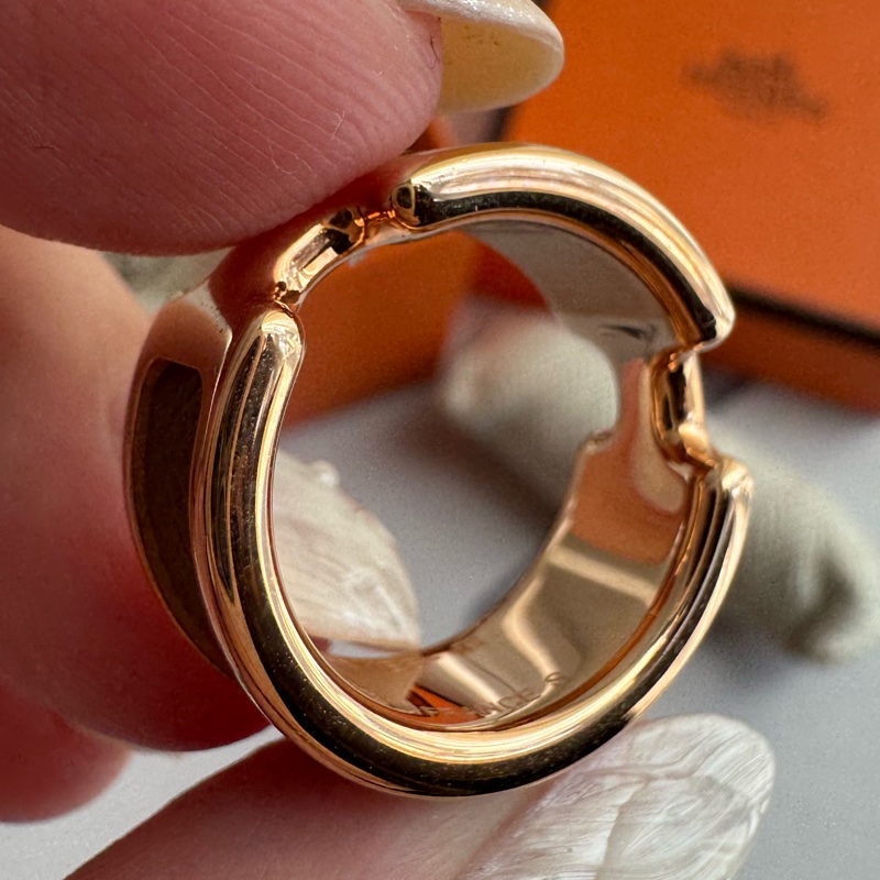 Hermes大象灰皮革玫瑰金雙H戒指💍-11
